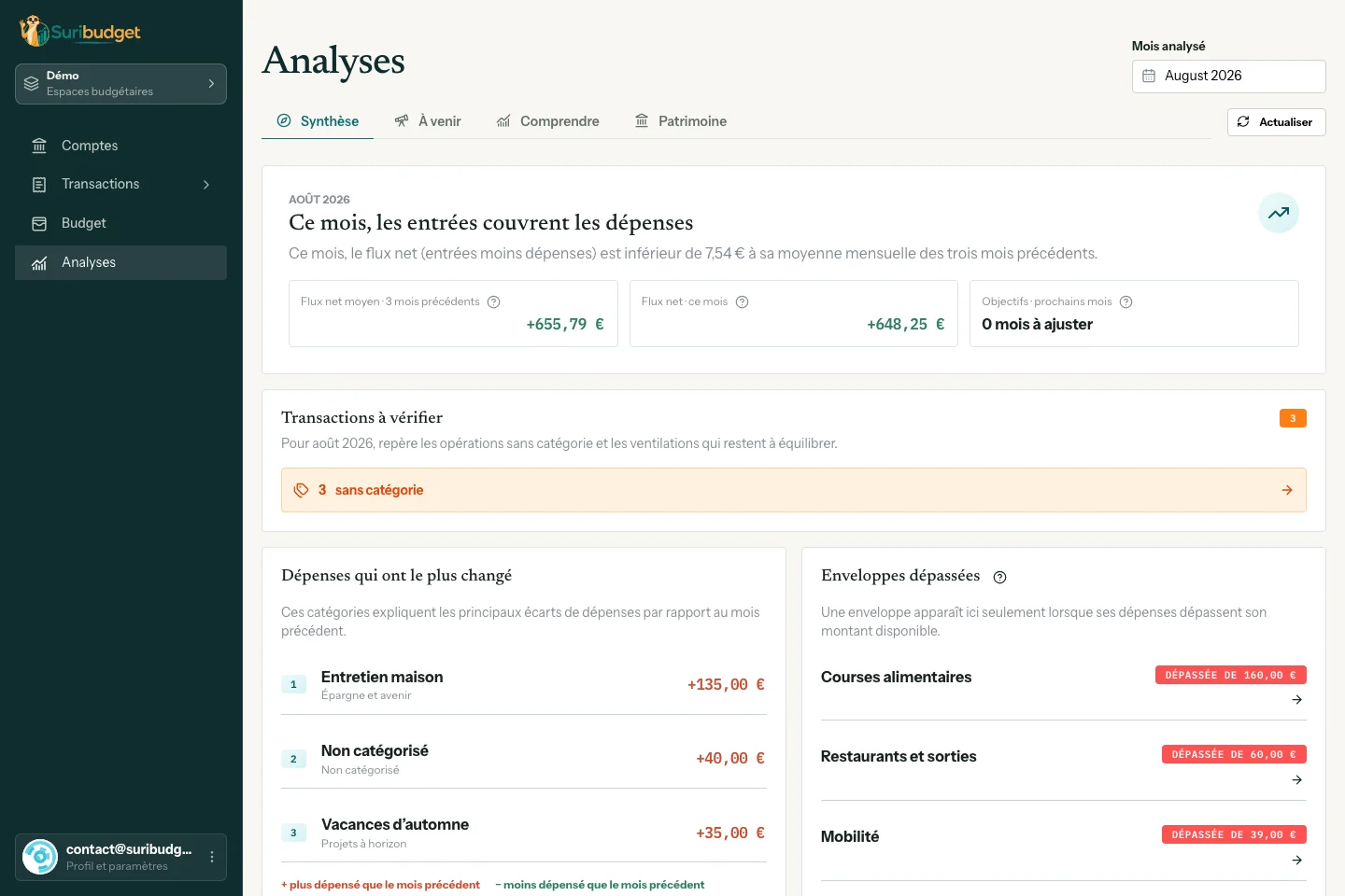 Aperçu de la page Analyses de Suribudget