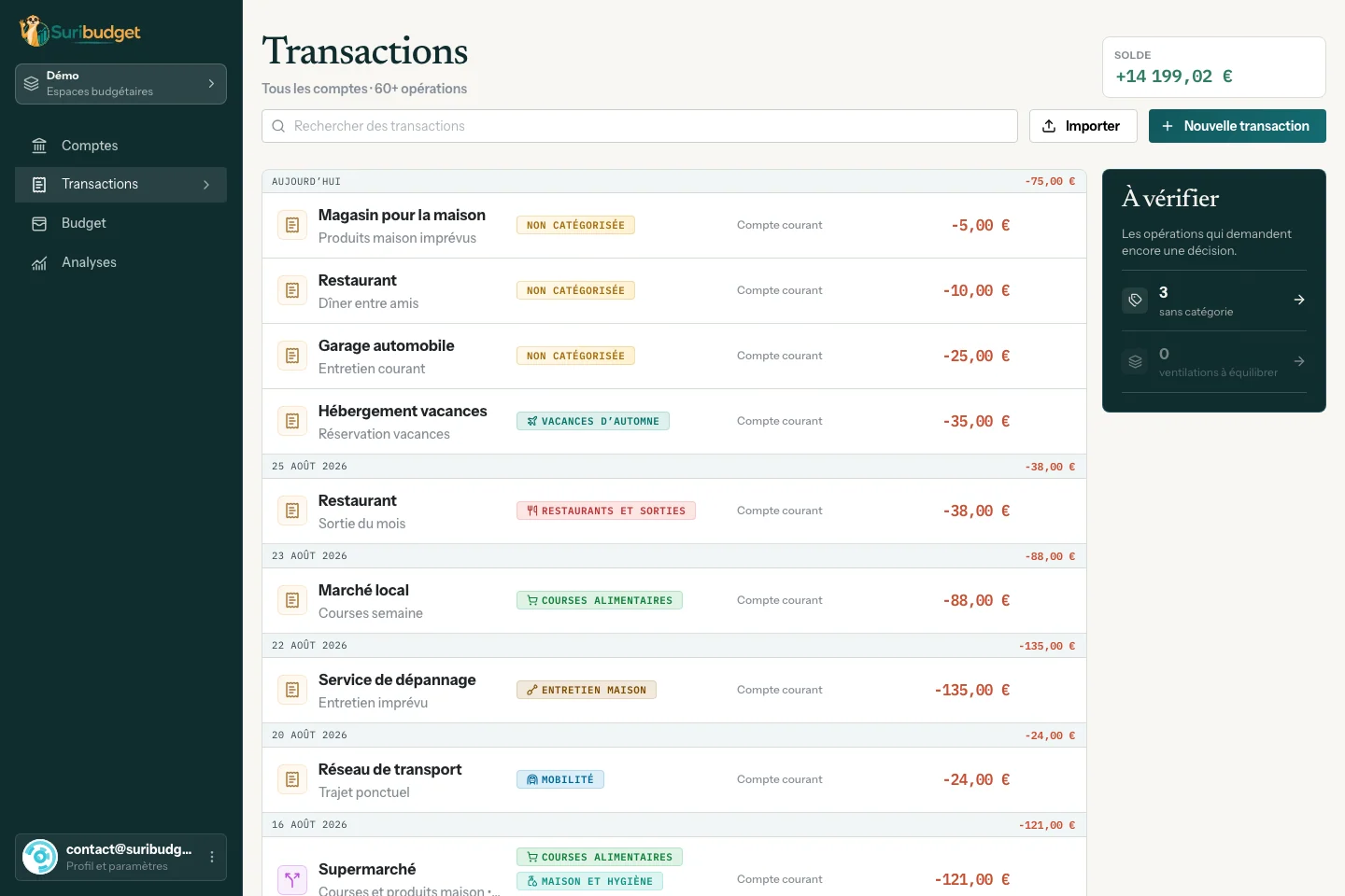 Aperçu de la page Transactions de Suribudget